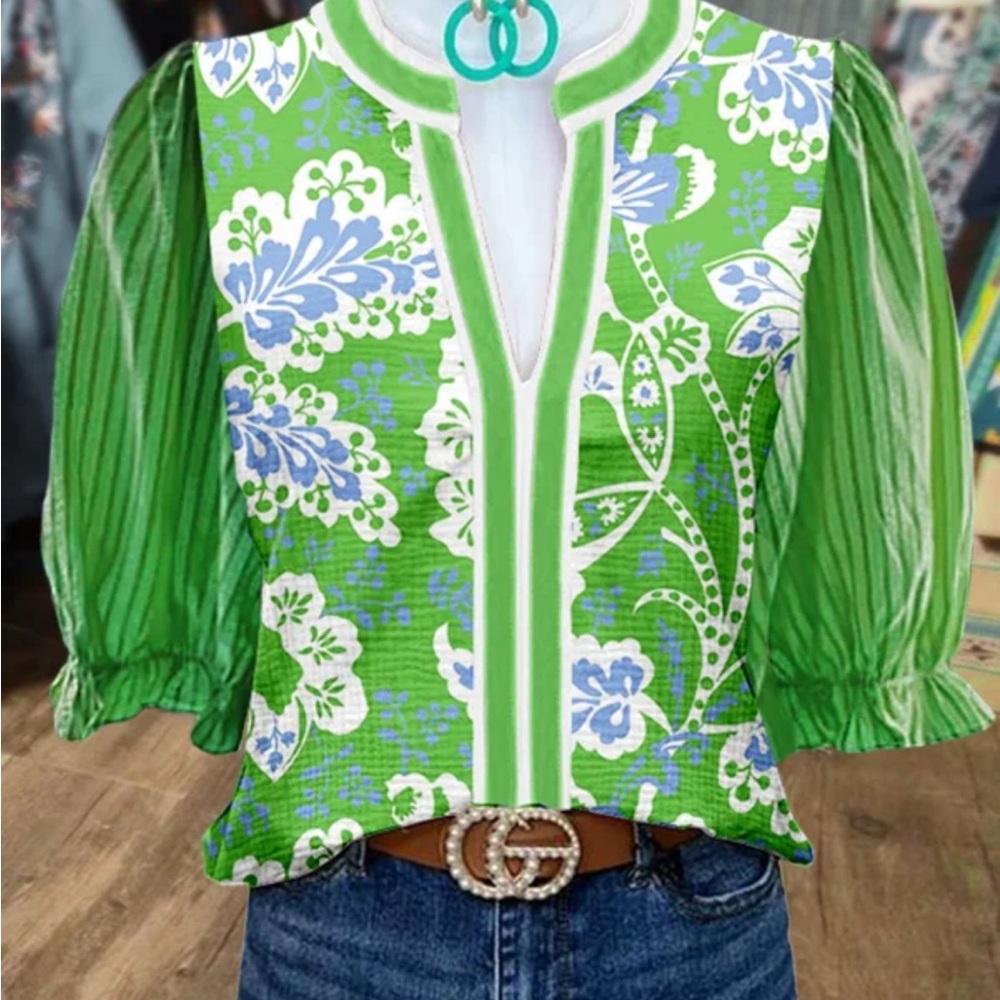 Vibrant Green Floral Blouse with Blue Accents